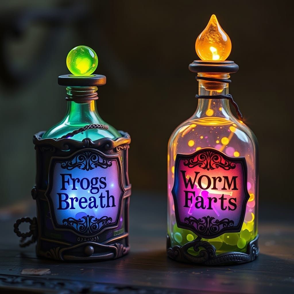 Magical potions labelled odd things  by @undefined