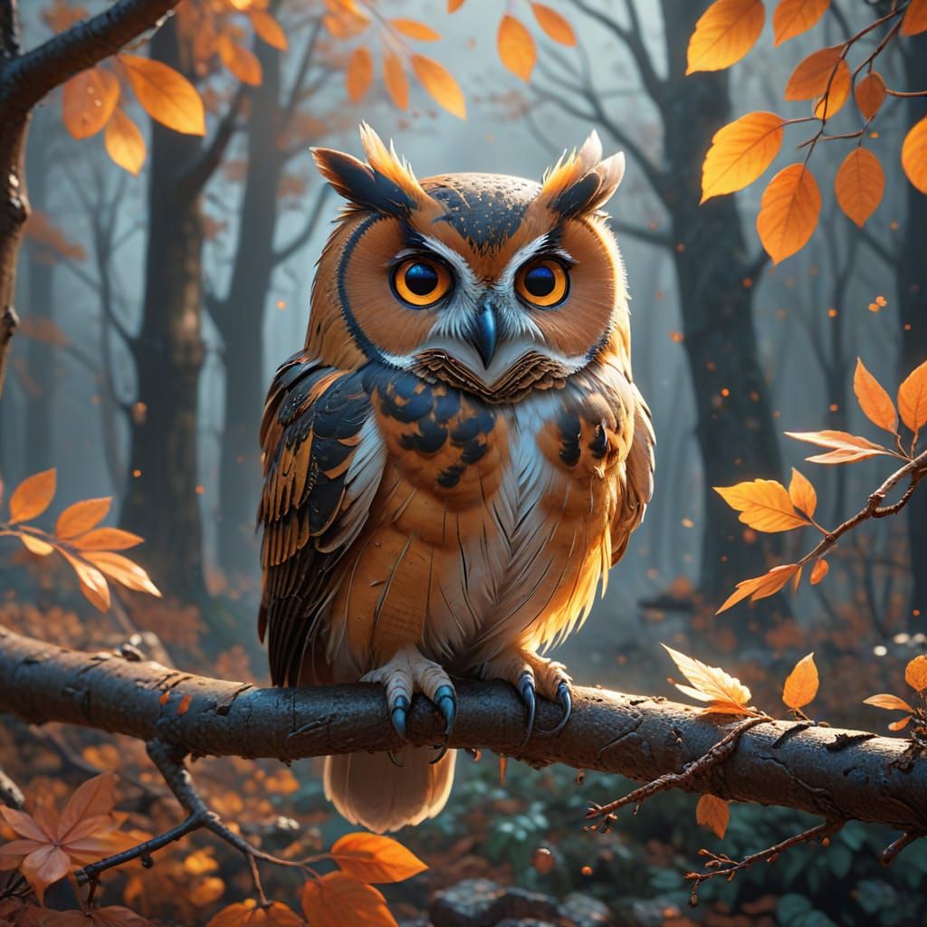 Cute Owl in Misty Autumn Forest