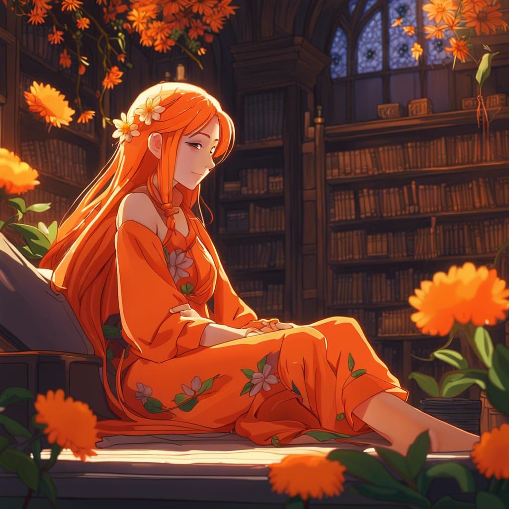 long neon orange hair woman fantasy medieval pant suit flowe...