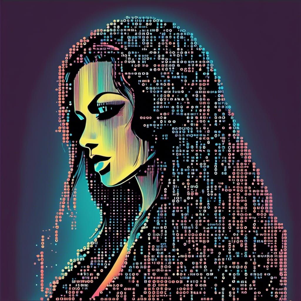 <lora:Binary Code:1.0> Binary code Psychobilly dreamgirl, composed of binary ASCII art, cyberpunk, colorful