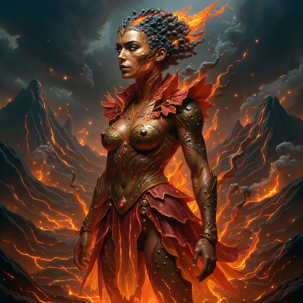 She moves with powerful, deliberate volcanic might, embodying fierce strength and molten authority, her actions a sympho...