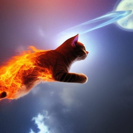 cat flying through space that is on fire