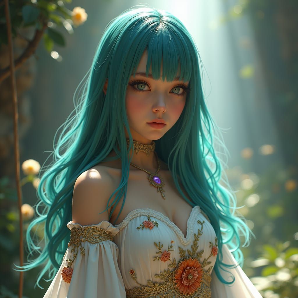 A beautiful teenage girl with greenish blue straight hair. A...