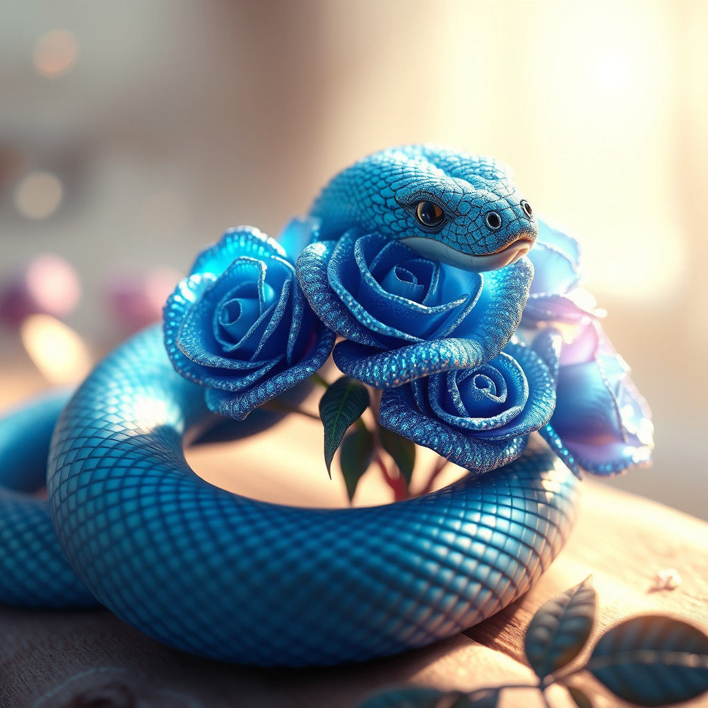 "A Blue Snake Near Blue Glittering Roses"