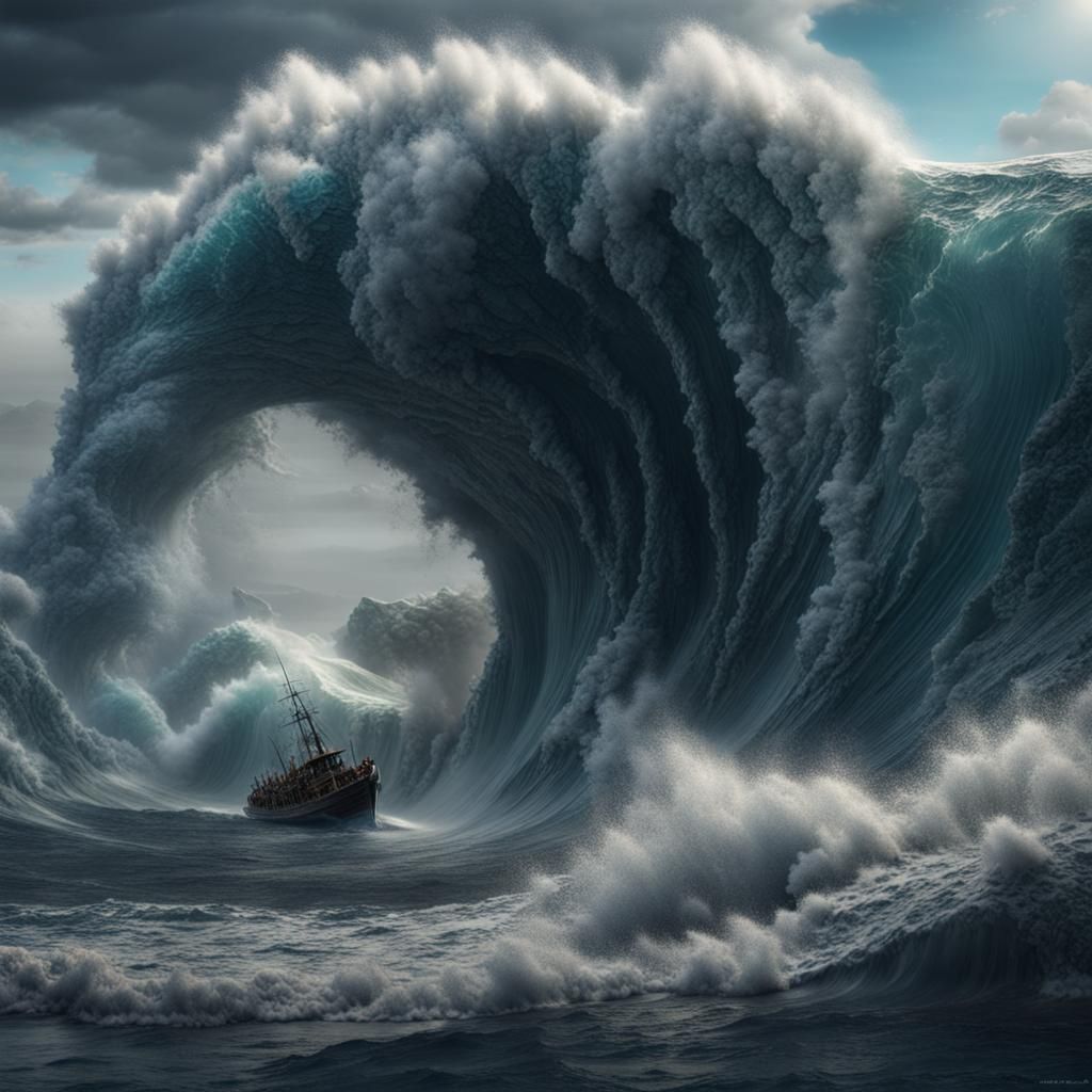 A malevolent tsunami crashing through the ocean with raging waves growing larger  by @Kmichelle