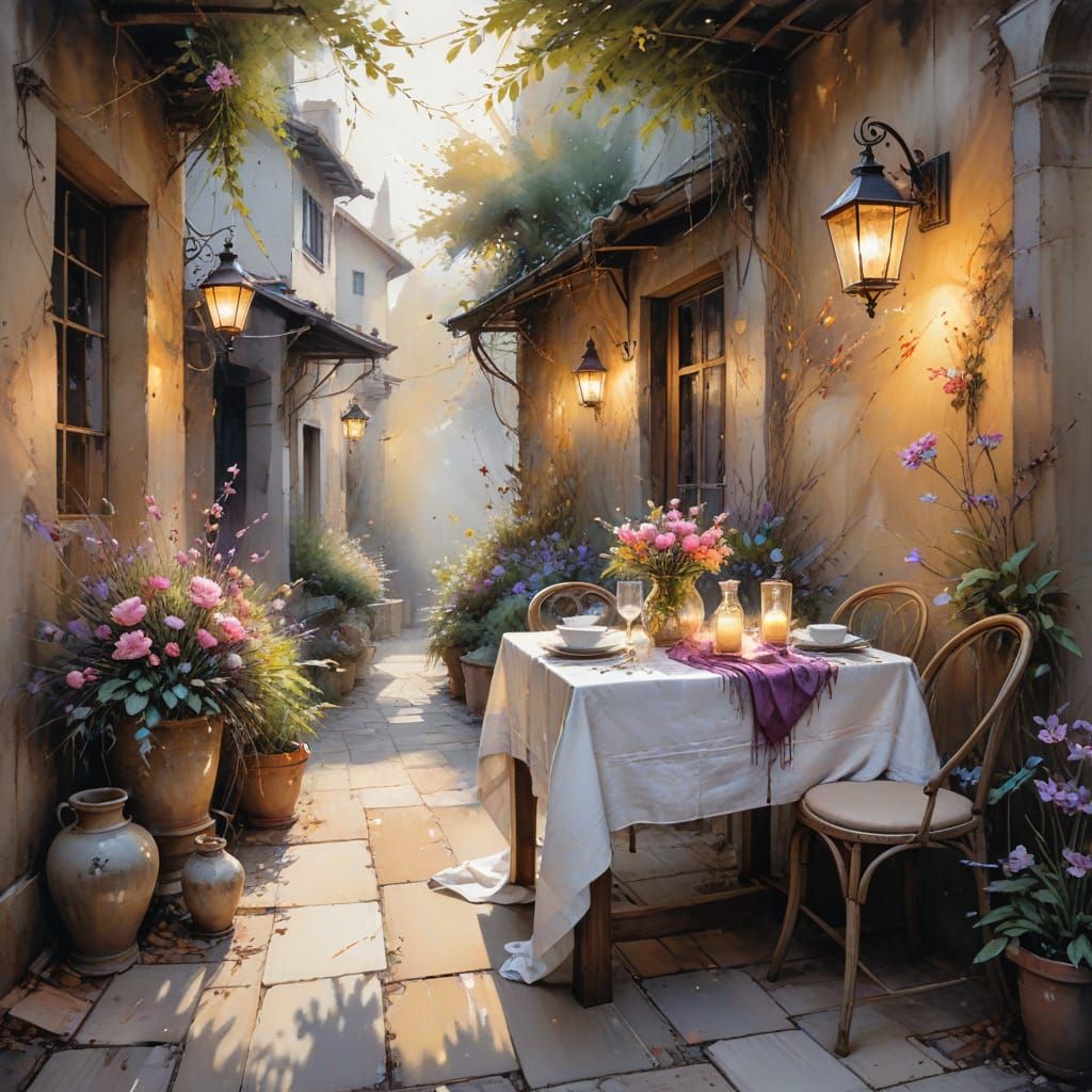 Romantic Courtyard Table in Impressionistic Style