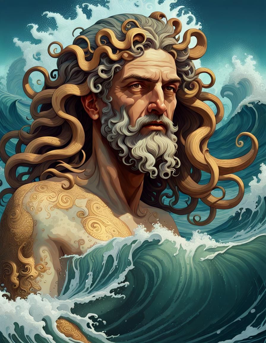 Poseidon in the Mediterranean Sea, fish, squids, octopuses, ...