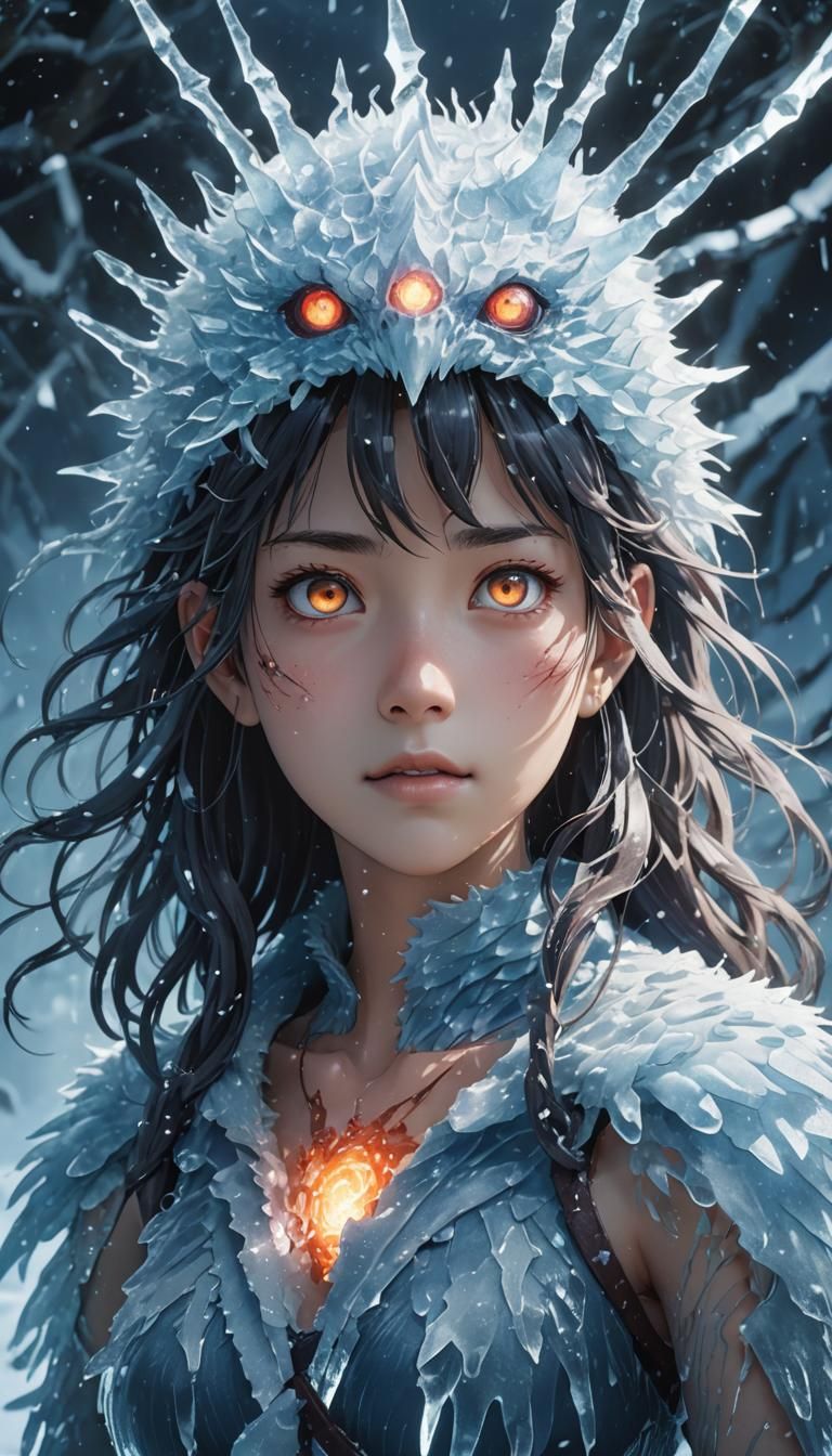Woman monster with glowing eyes with ice skin realistic mast...