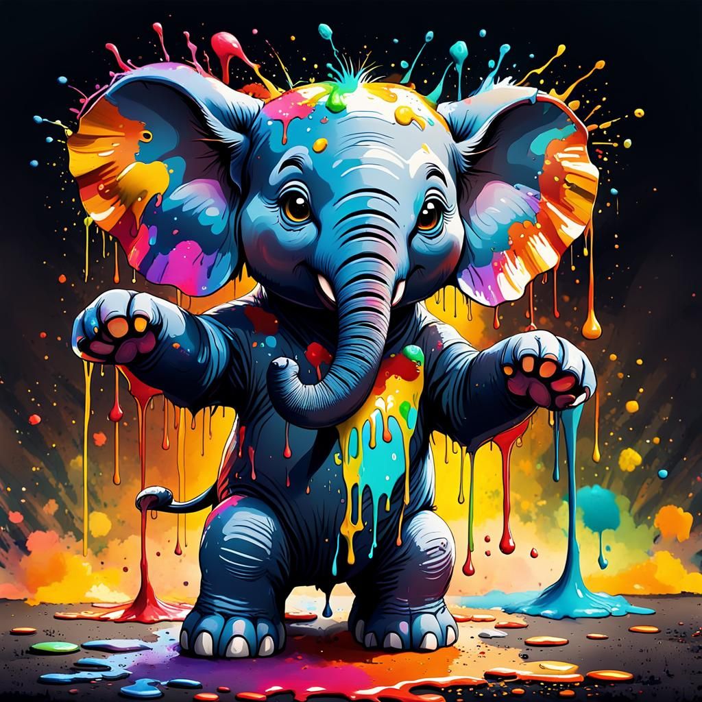 an adorable baby elephant covered in colorful paints