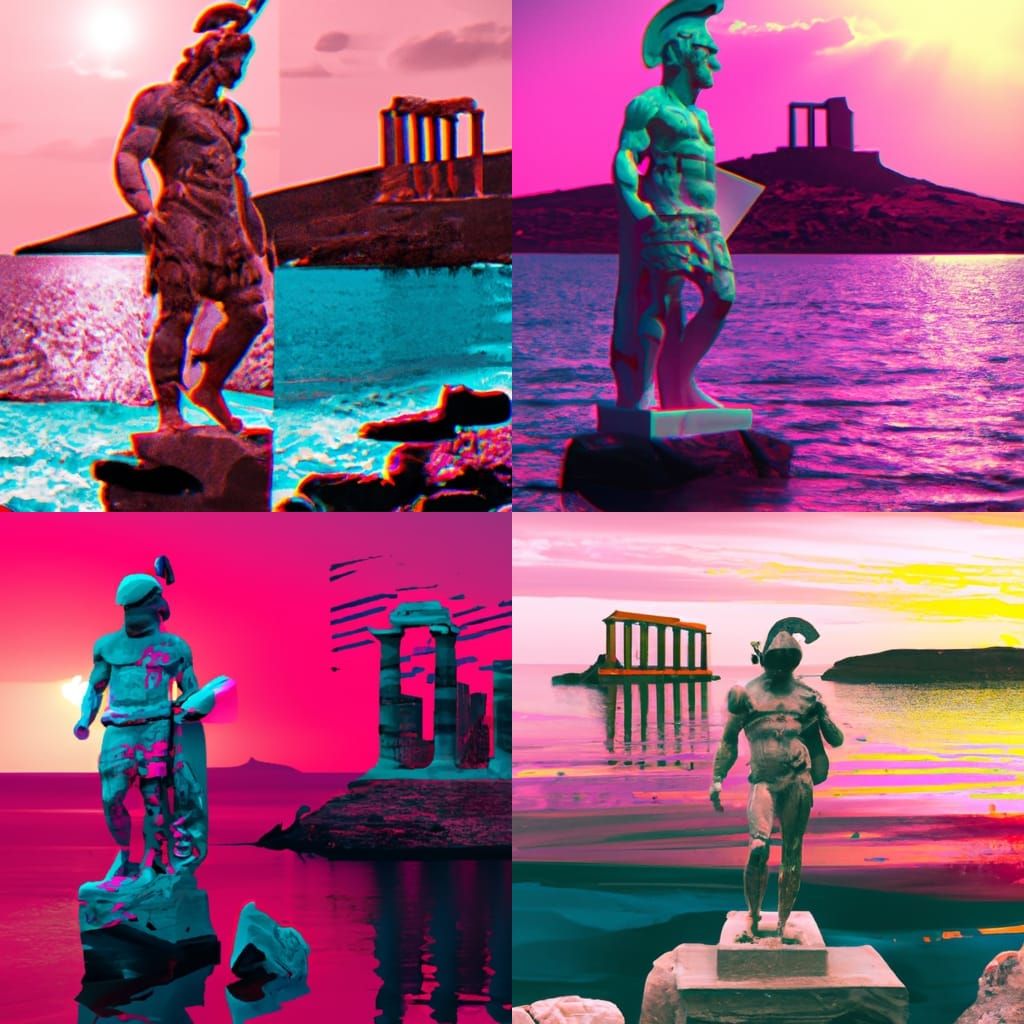 Marble statue of greek soldier in front of Sounion Posideon temple