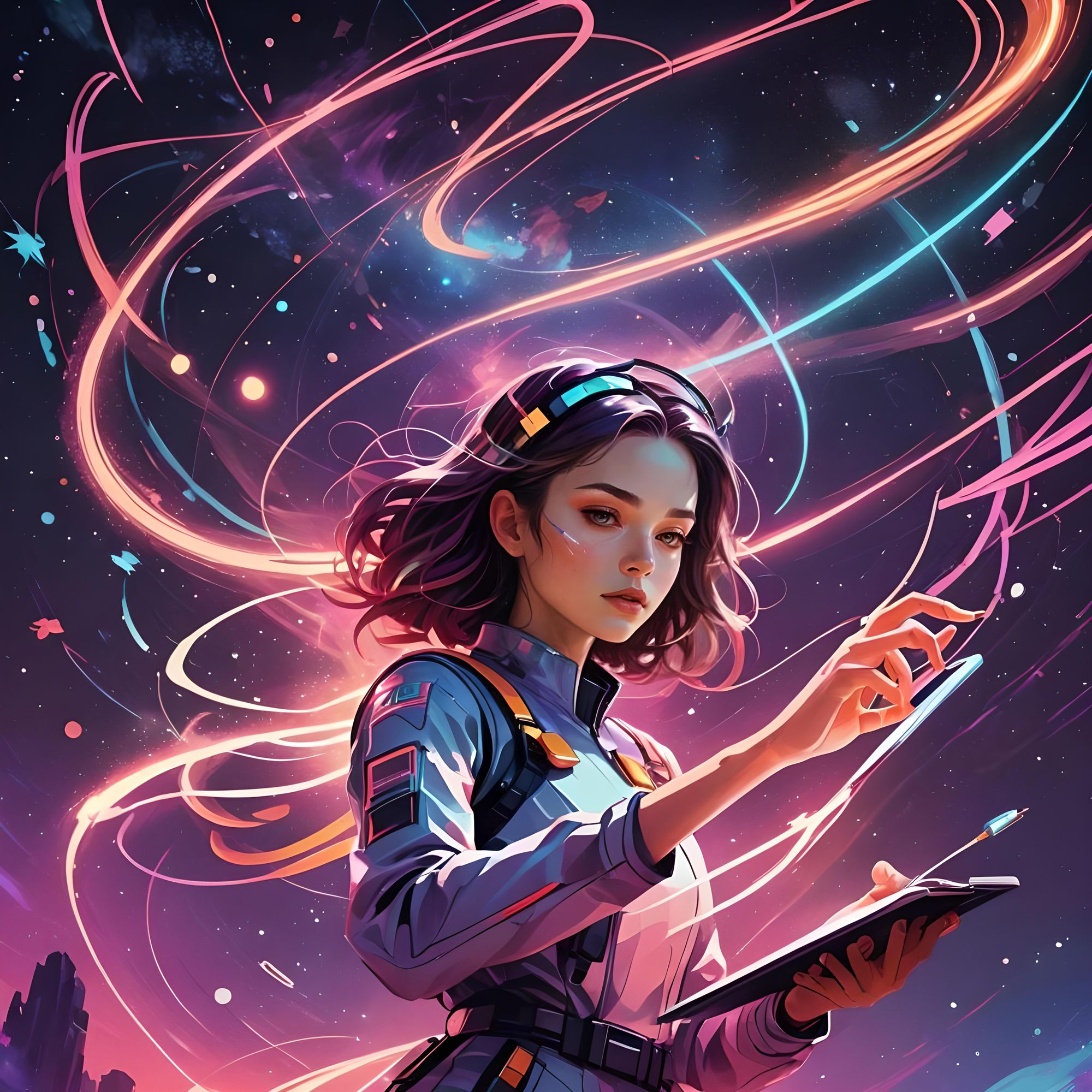 android girl, ((drawing in space)