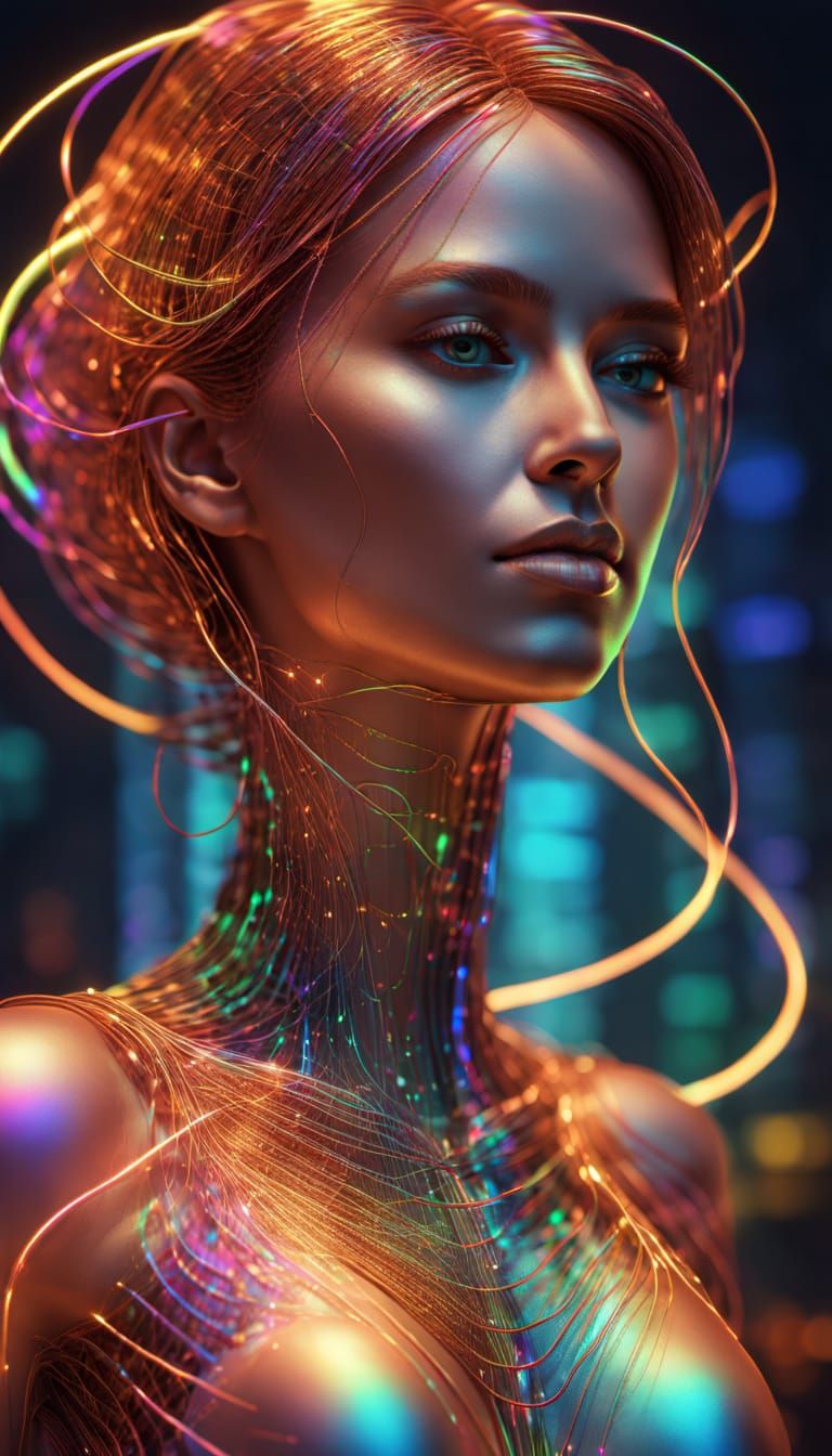 Wire of various gauges in every color of the rainbow intricately woven together to form the figure of a woman. 