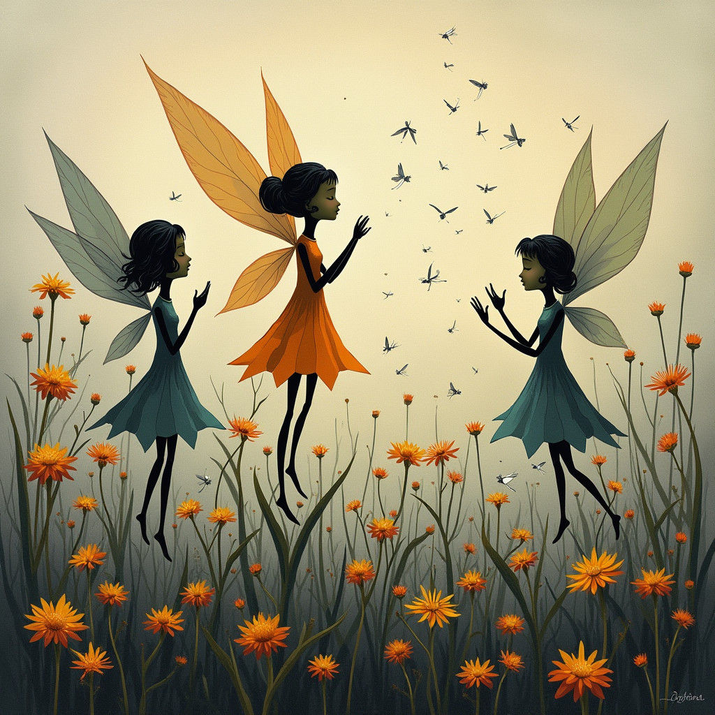 Winged fairies   in a Million Dandelion dreamscape,  making wishes  collaboration Paul Klee and Tim Burton, Picasso's integrated flowing com...