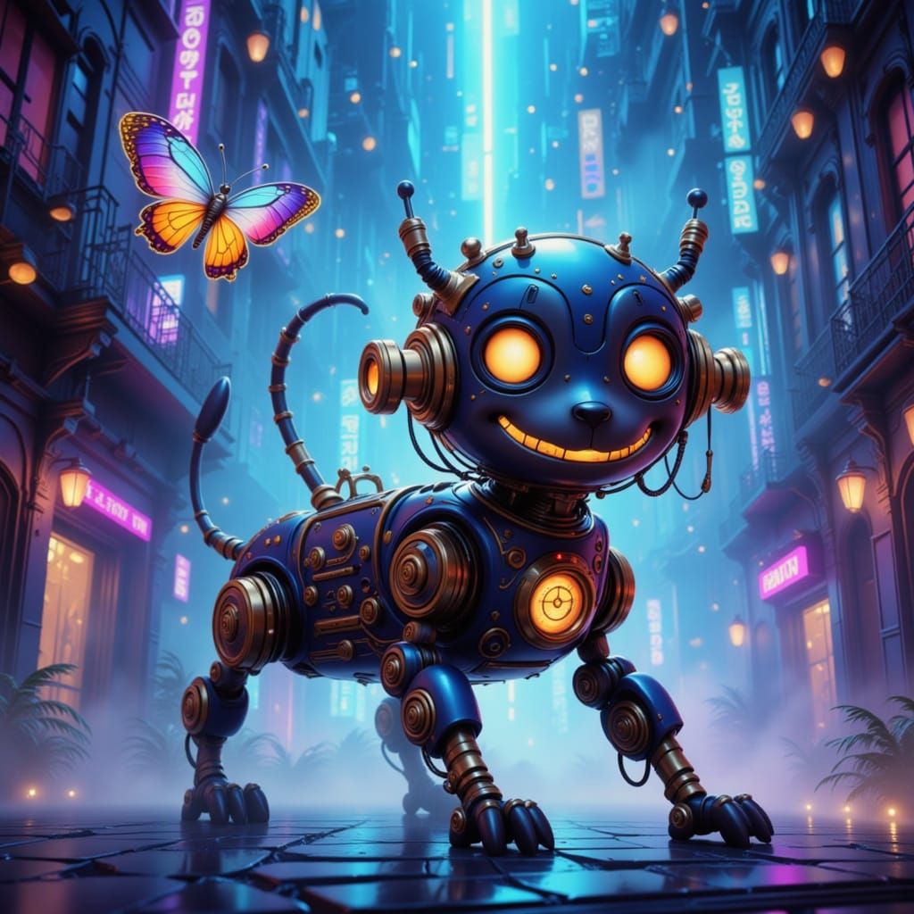 <lora:Shyvibes:1.0> A mischievous, steampunk-inspired robot dog with glowing brass gears and intricate clockwork mechanisms, playfully chasi...