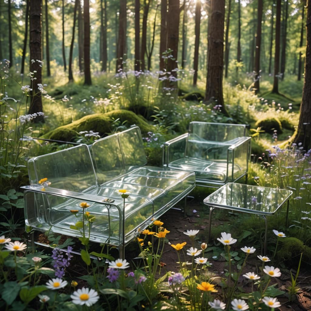 Glass Couches in Forest with Wildflowers