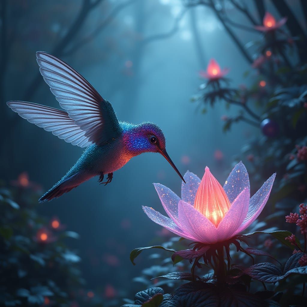 Bioluminescent Hummingbird Sips Nectar in Alien Landscape