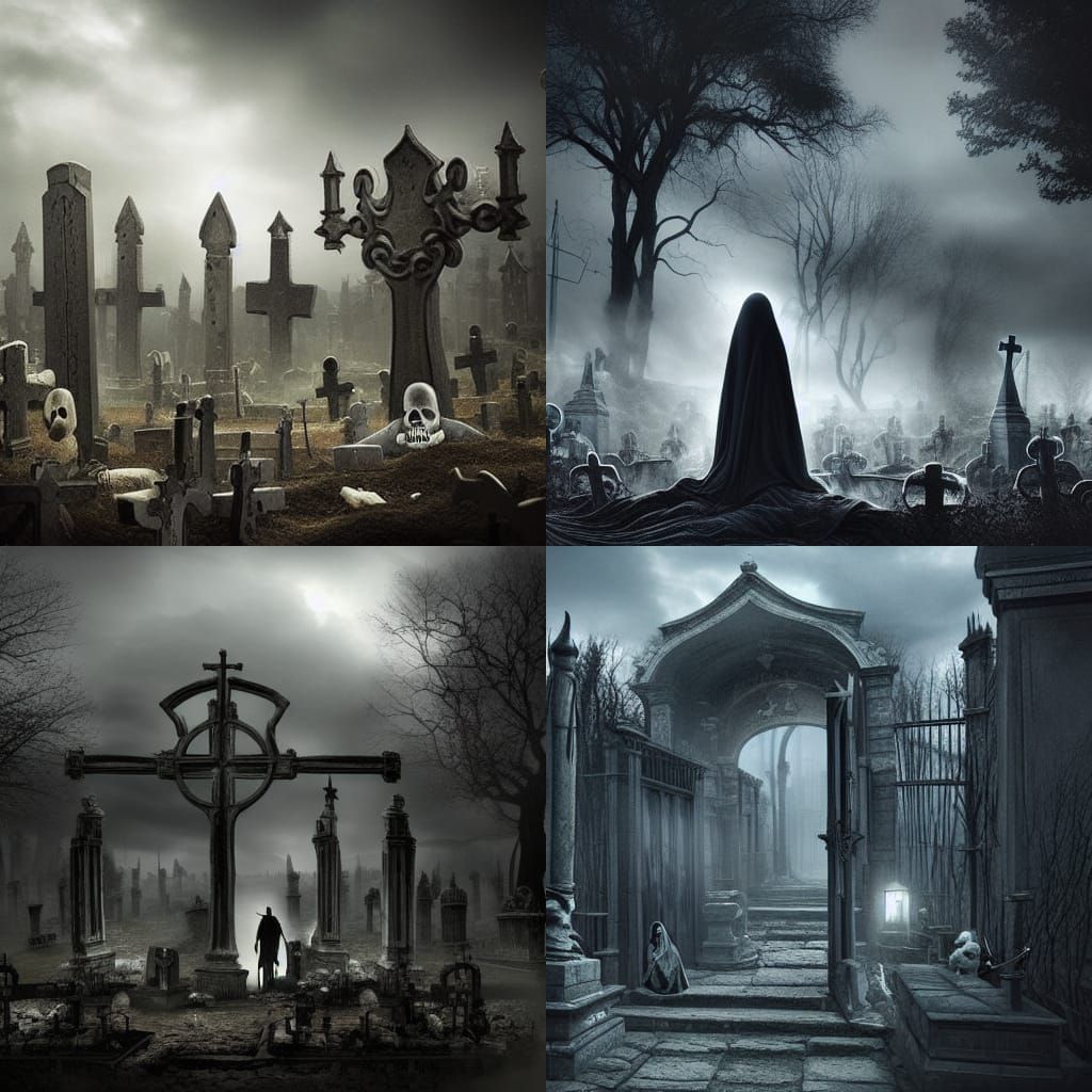 ghosts in a grave yard with the grim reaper