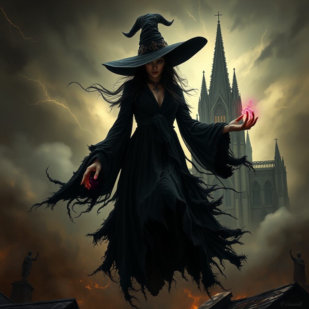 *A powerful dark witch floating in a stormy gothic landscape, wearing a long, tattered black gown that flows and disintegrates into smoke an...