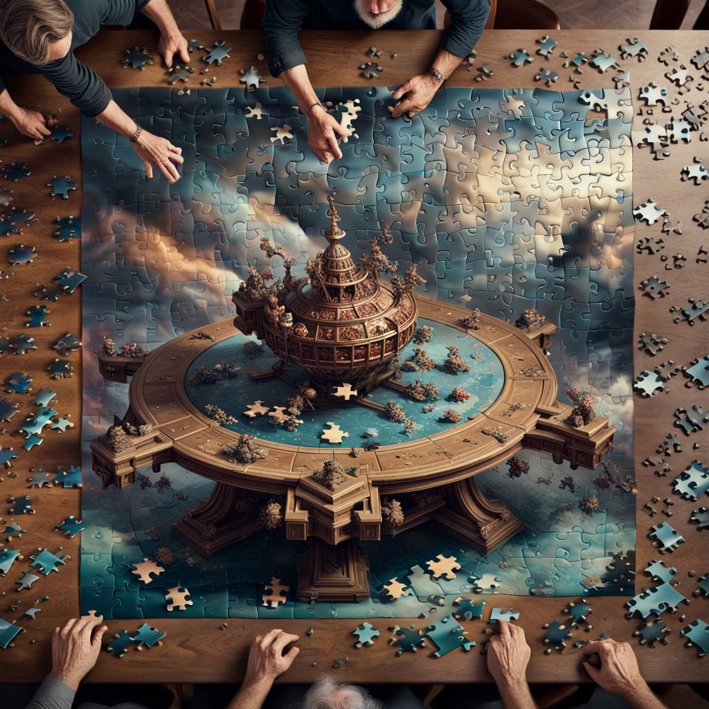 a large table with an incomplete puzzle on it representing "THE BARON OF MUNCHAUSEN flying on a cannonball", ...  by @undefined