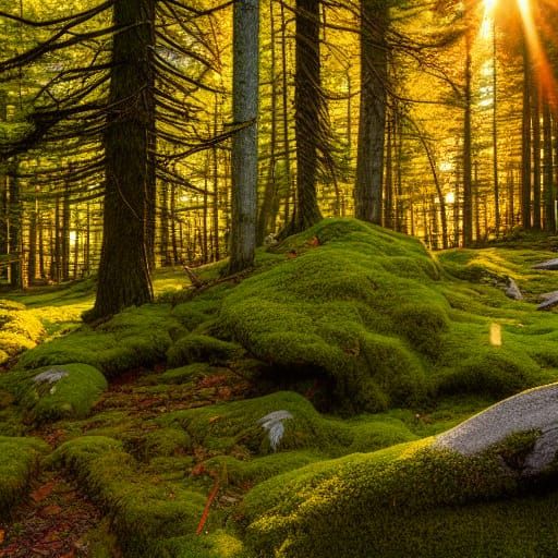 A forest in Maine at sunset with ocean coast visible through...