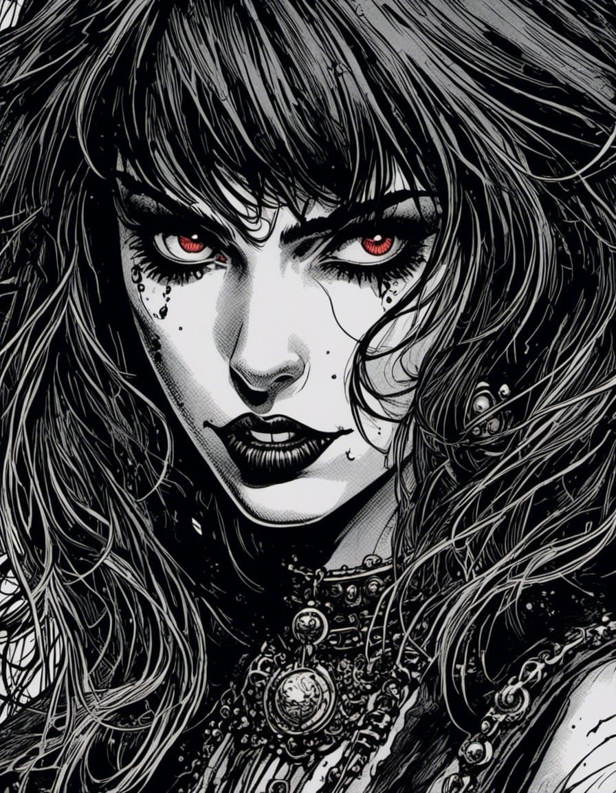close-up face shot of a beautiful, fanged vampire woman <lora:Gothipunk Vampires 2:1.0>, detailed comic-book-style pencil art, horror, gritt...