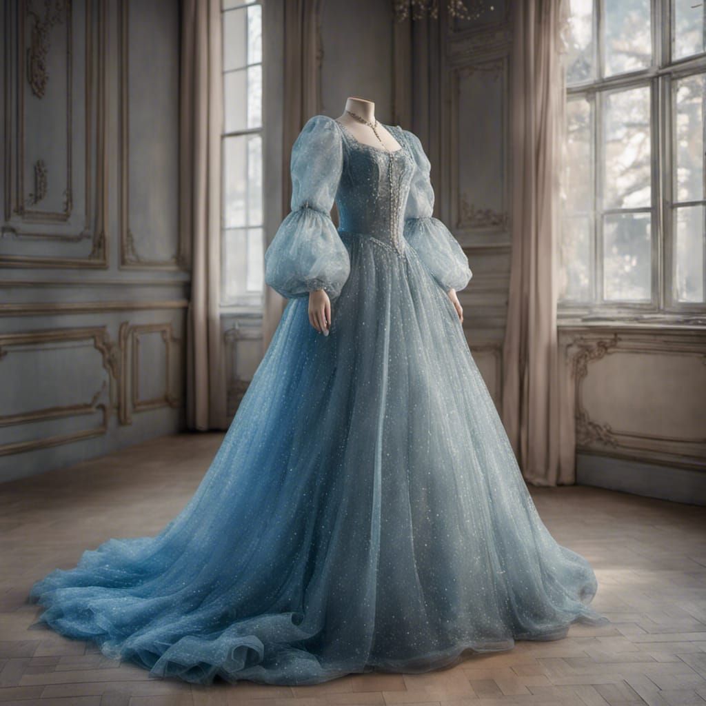 long princess dress on a dress form, blue, sparkling, see tr...
