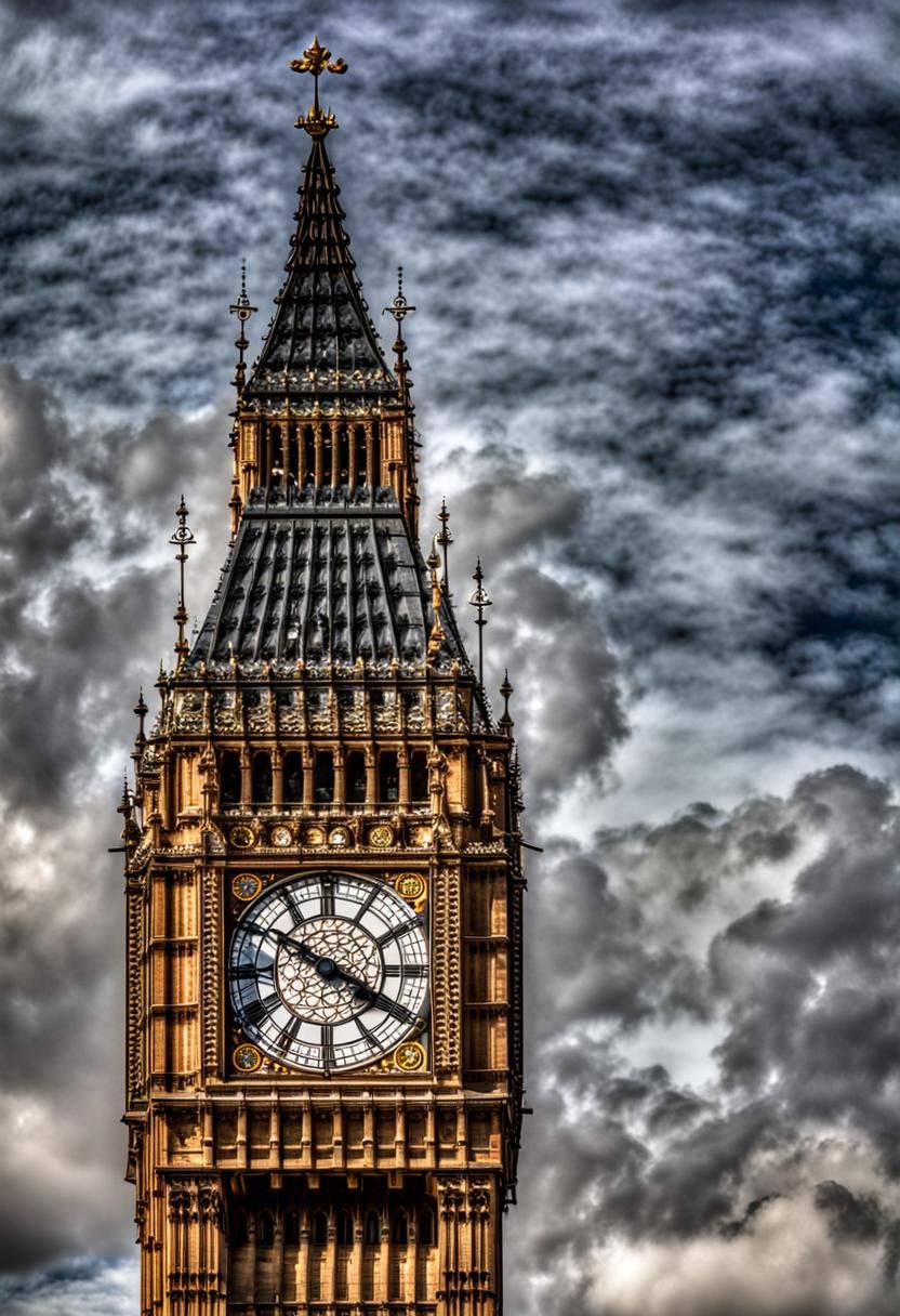 Big Ben clock tower in London England. intricate details, HDR, beautifully shot, hyperrealistic, sharp focus, 64 megapixels, perfect composi...