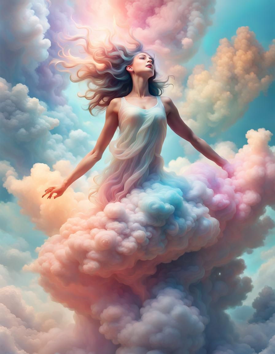 Pastel Color Palette beautiful dancing woman on cloud with heaven light  by @Roswarcus