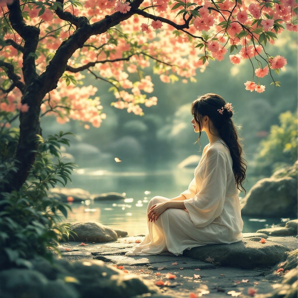 Serene Woman in Japanese Garden with Cherry Blossoms