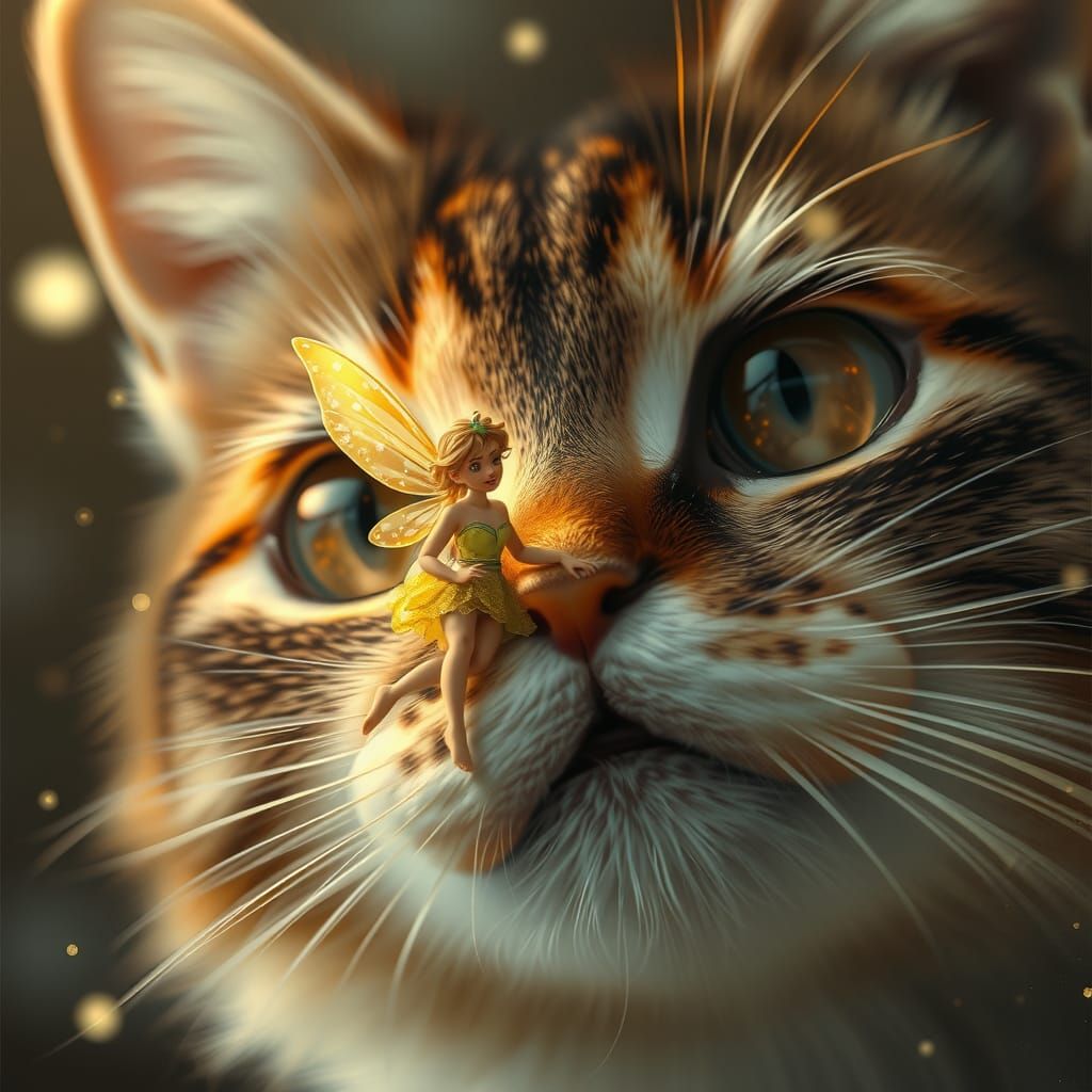 a tiny fairy appears in front of a cat, close up mesmerizing illustration  by @Neya Pey