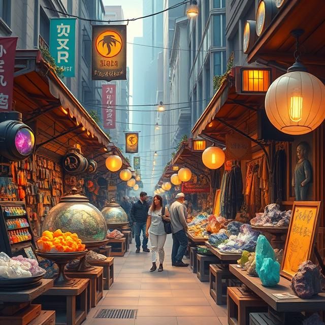 Market stalls lined with mysterious gadgets and rare mineral...
