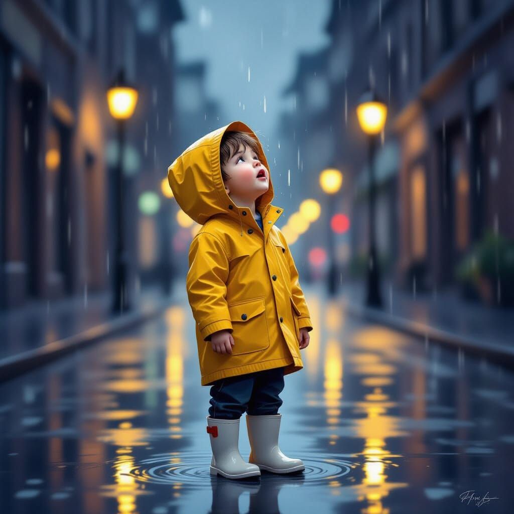 Boy in Yellow Raincoat Standing in Rain