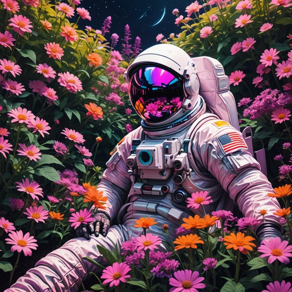 An astronaut lying in a garden of flowers. The universe is r...