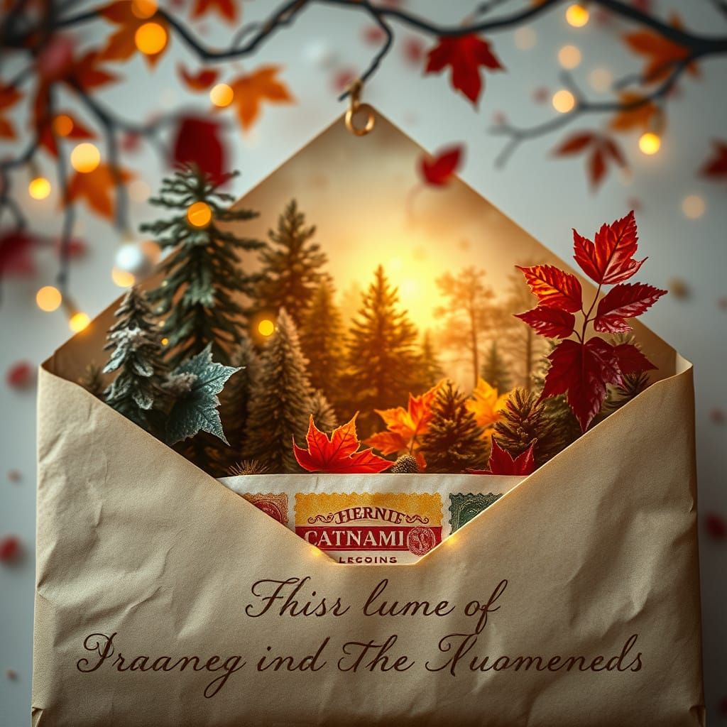 An envelope in macro, containing a forest Glittering. Vintage. Dreamy fantasy envelope containting festive soft colorful scenery <lora:Vinta...