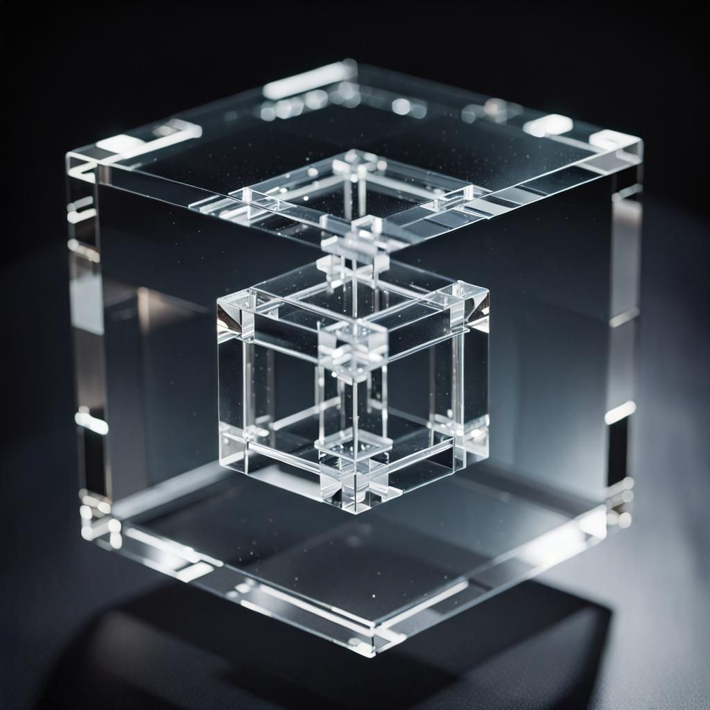 A transparent 3D cube crafted from shimmering crystal. is hovering in ...