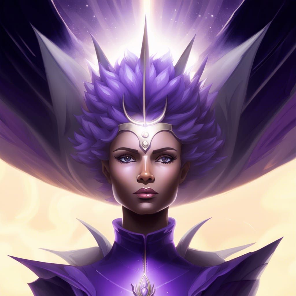 In the image, the space queen stands tall with an air of regality and