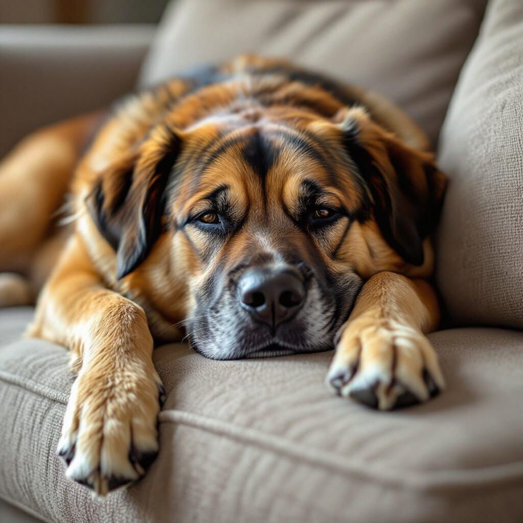 Lazy Large Dog Relaxing on Sofa Armrest Realistic Style