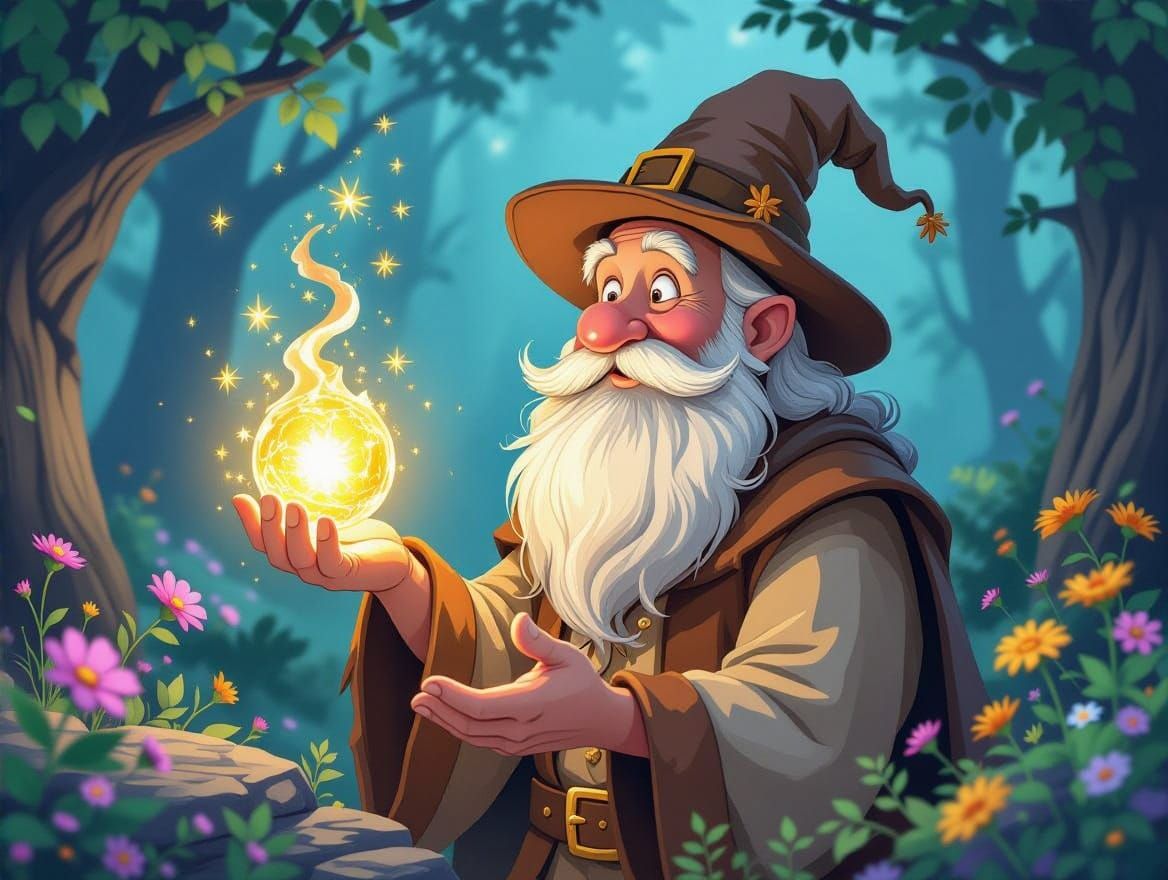 Gnome Wizard in Starry Forest, Fantasy Art