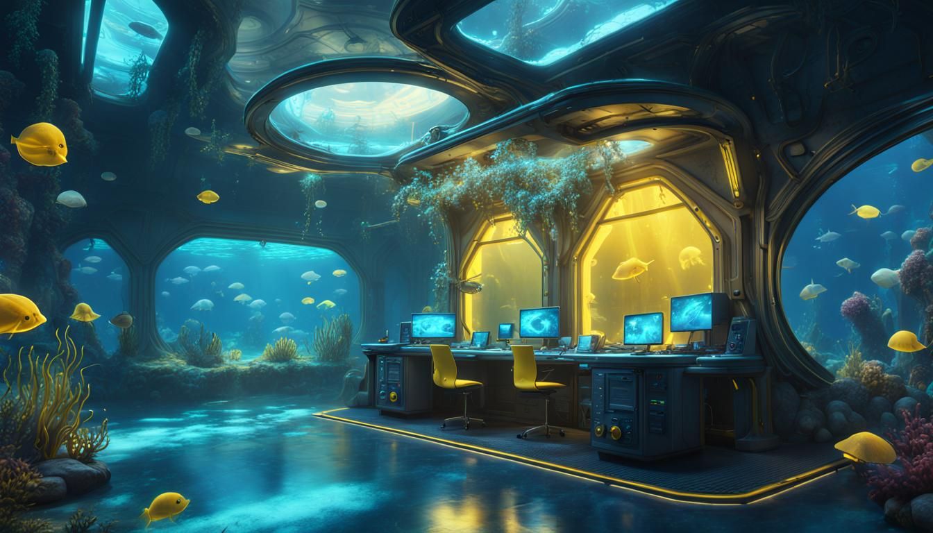 Underwater research station interior with stingray, jellyfis...