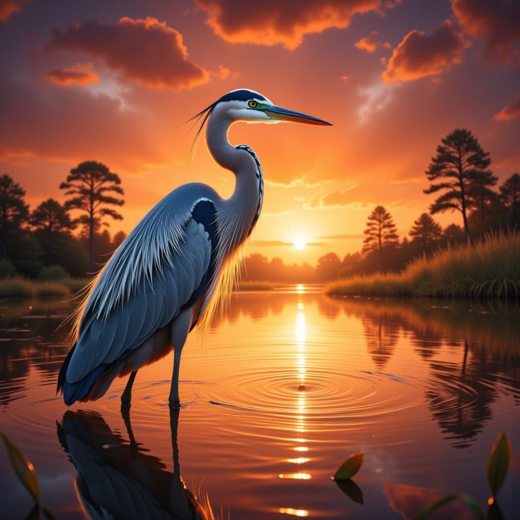 <lora:Heron:1.0>vibrant sunset pond endangered heron tim flach style