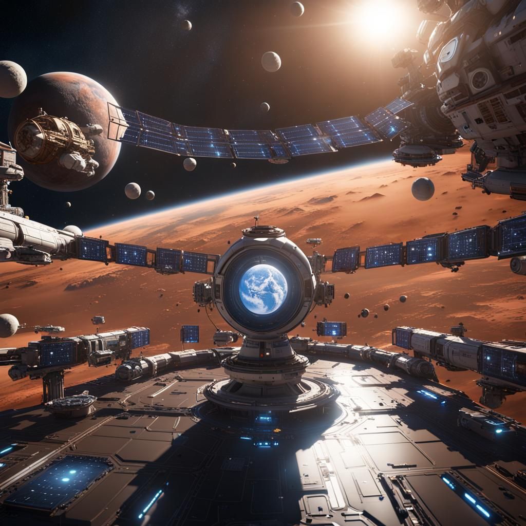 Earth in space with other space stations around earth and lo...