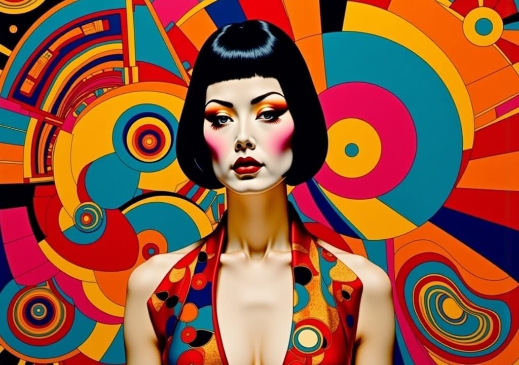 Mod Peggy Moffitt Twiggy 1960s fashion model photography mini skirts and gogo boots, groovy psychedelic kaleidoscope background autochrome <...