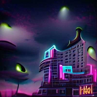 dark neon alien city; Surreal Hotel