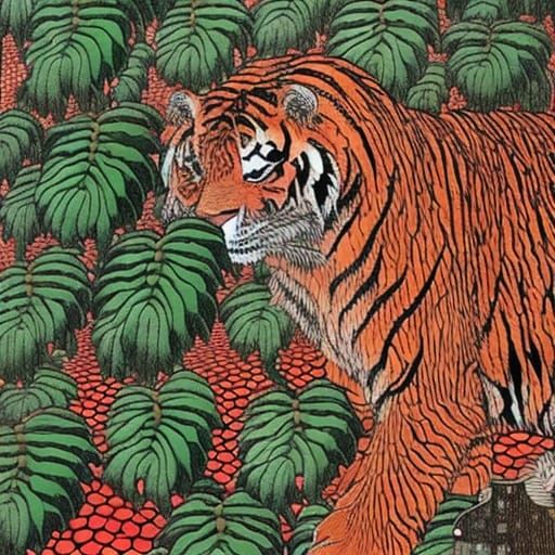 Tiger monster with monstera plant over him, back alley in Ba...
