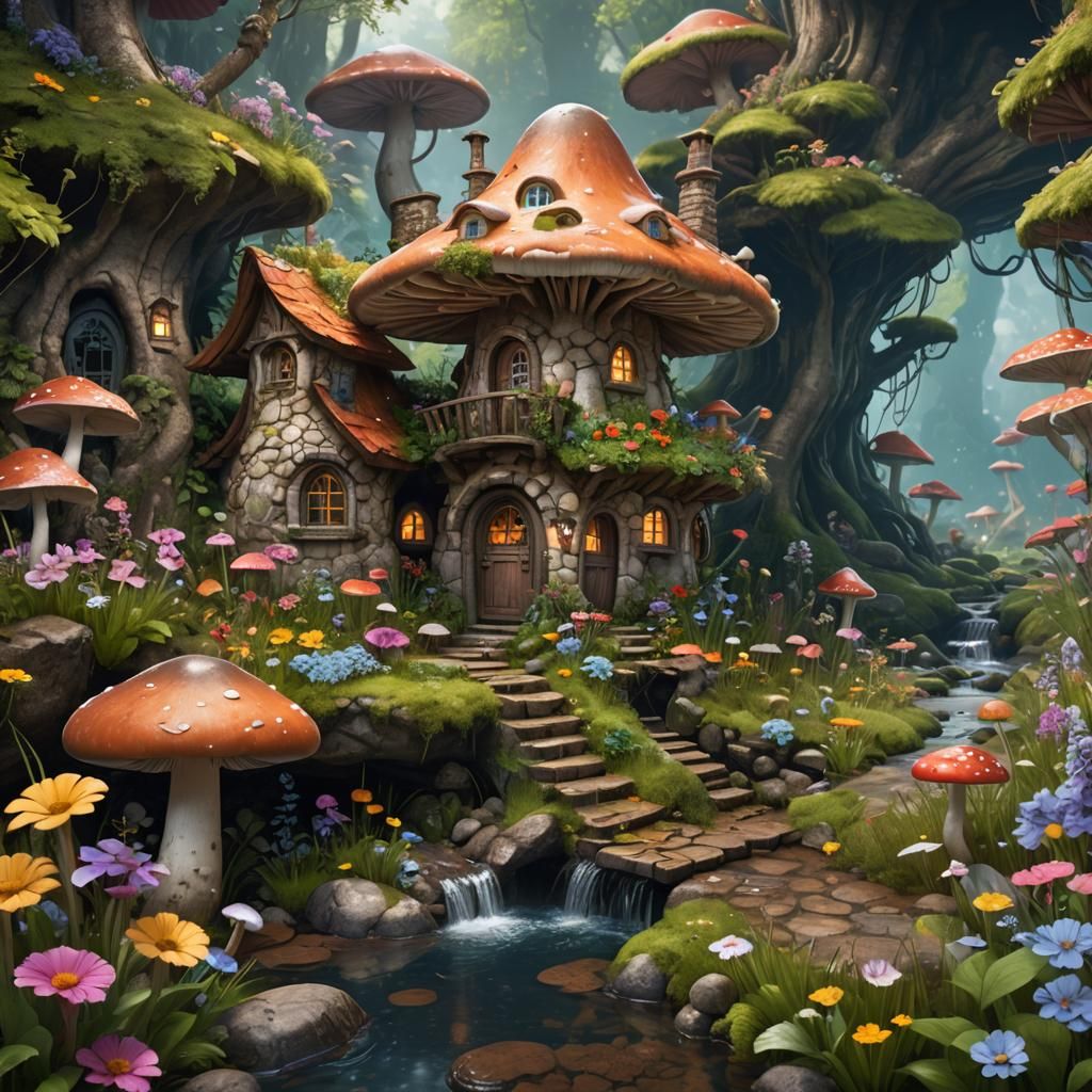 A mushroom house in the flowers and a stream beside it