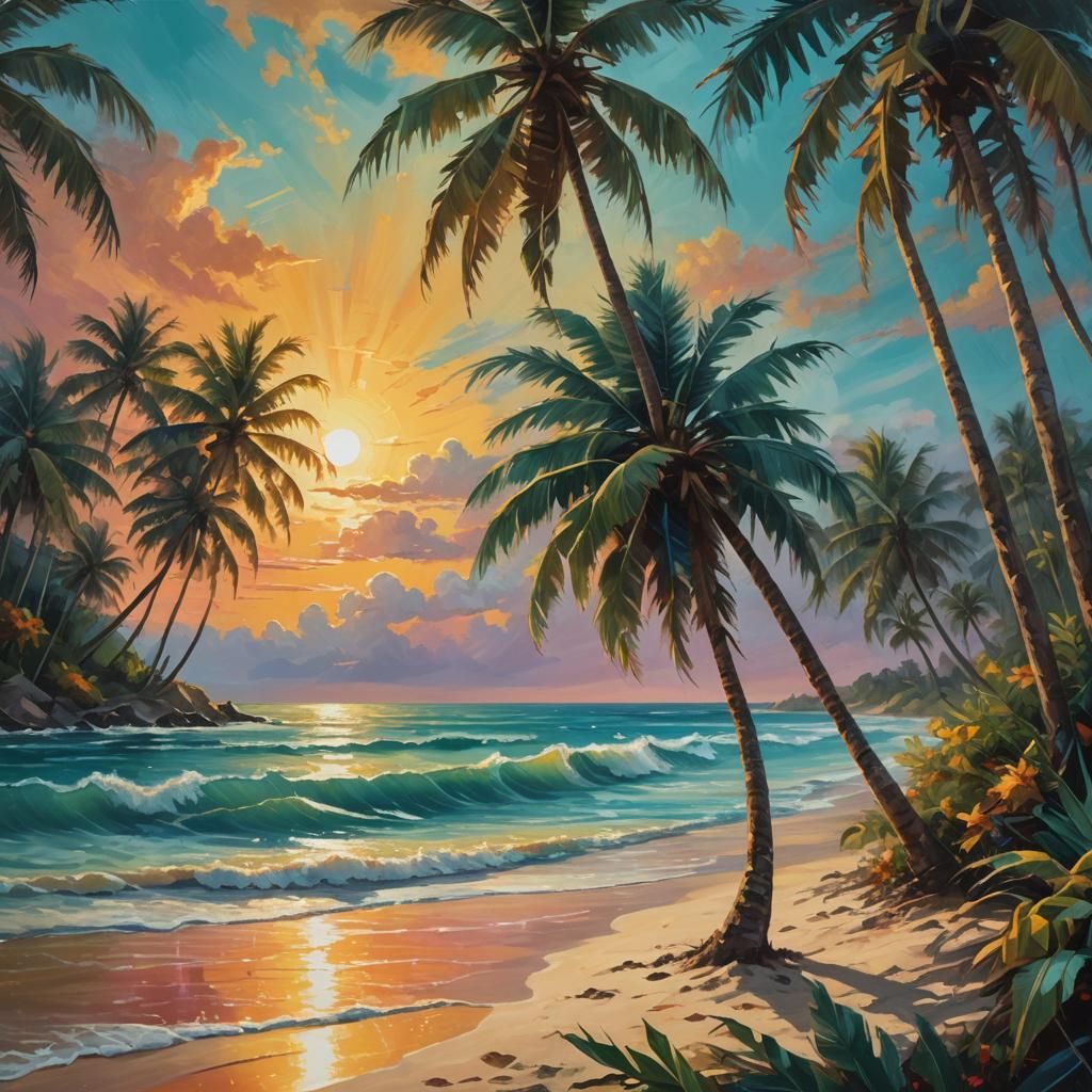 Tropical Beach Paradise: Vibrant Oil Painting