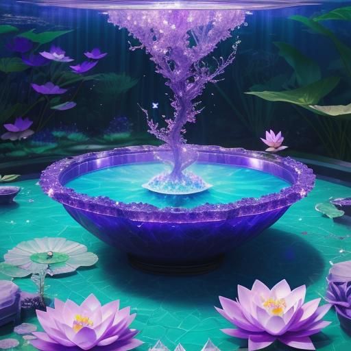 Purple crystal pool with purple crystals& Beautiful blue wat...