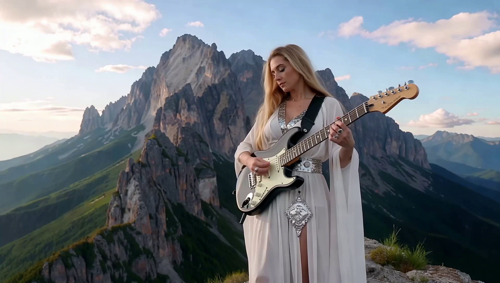 A beautiful goddess plays the electric guitar on Mt. Olympus