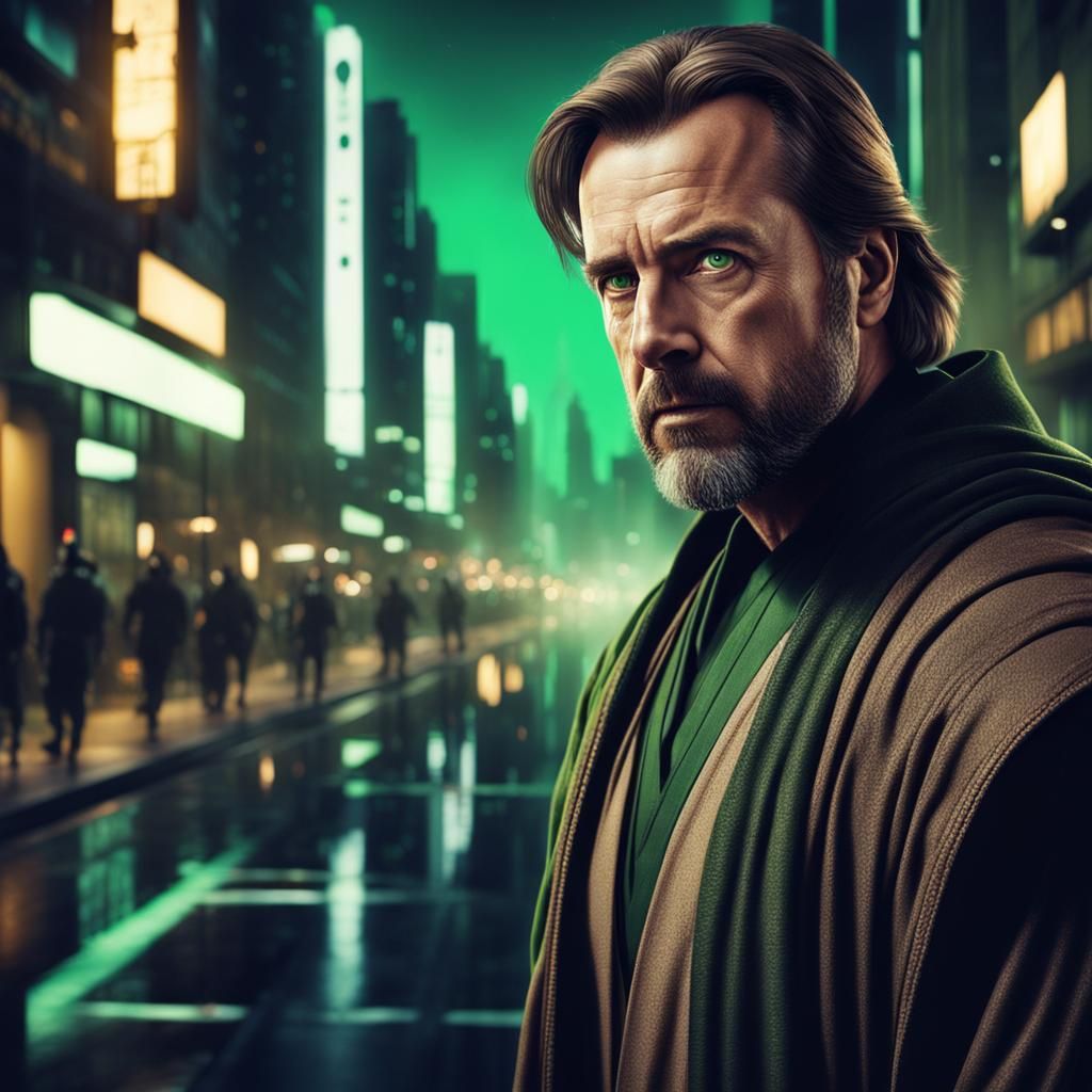 Middle aged man dressed in pair jedi knight clothes, brown h...