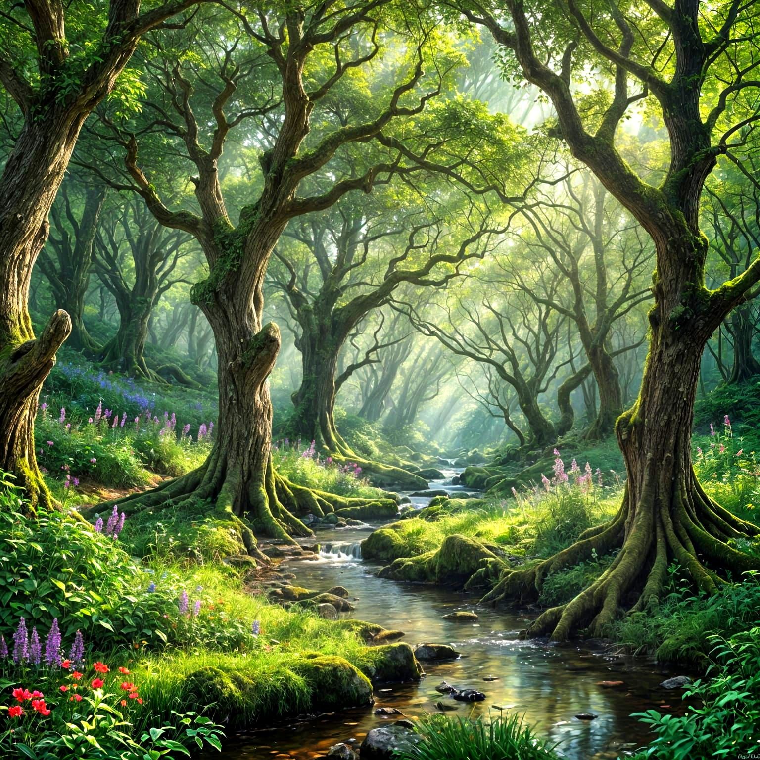 A lush, enchanted summer forest.